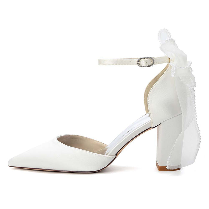 Women's Satin Wedding Shoes Chunky Heel Ankle Strap Bowknot Bridal Pumps