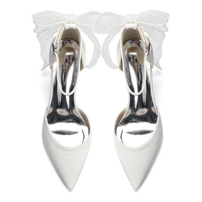 Women's Satin Wedding Shoes Chunky Heel Ankle Strap Bowknot Bridal Pumps