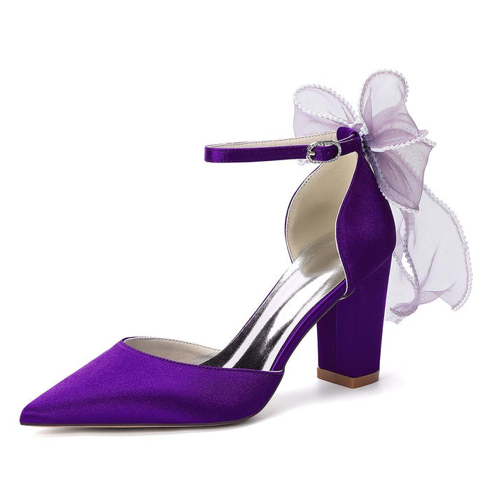 Women's Satin Wedding Shoes Chunky Heel Ankle Strap Bowknot Bridal Pumps