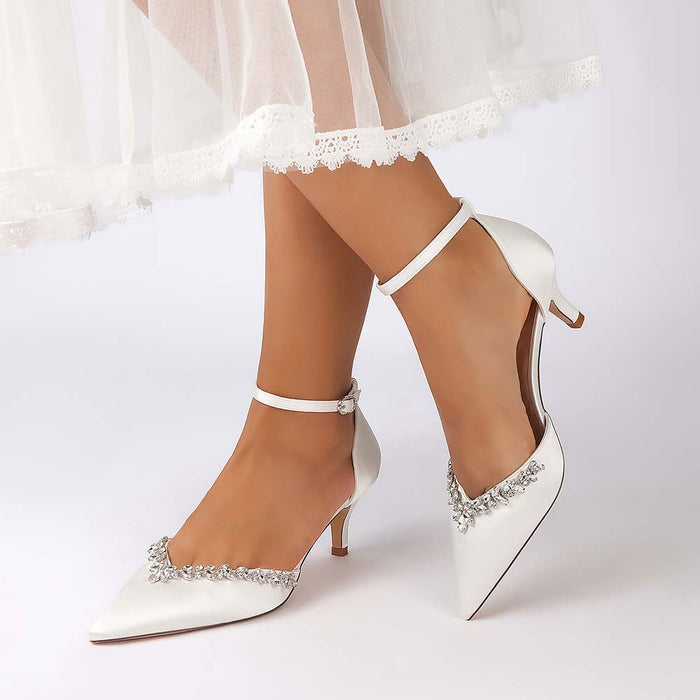 Women's Satin Wedding Shoes with Ankle Strap Rhinestone Embellished