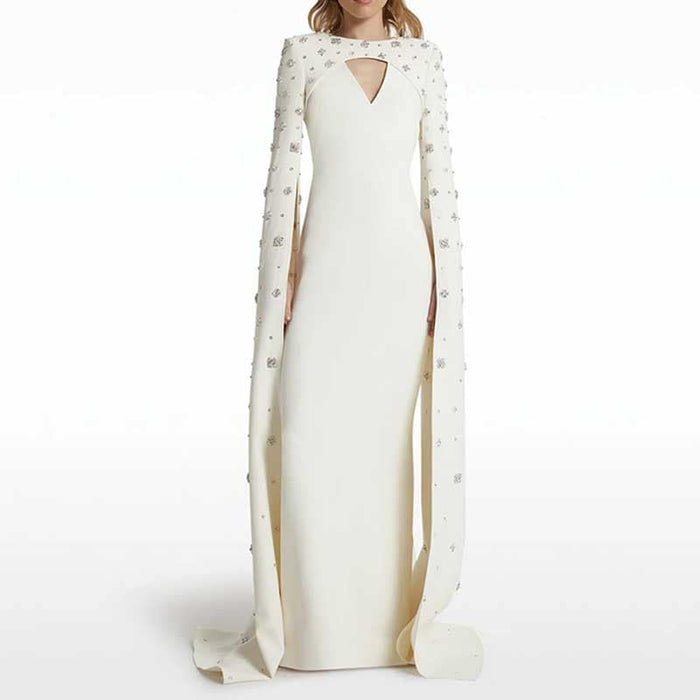 Womens Sequin-Beaded Cape Sleeves Long Formal Dress Wedding Prom Gown