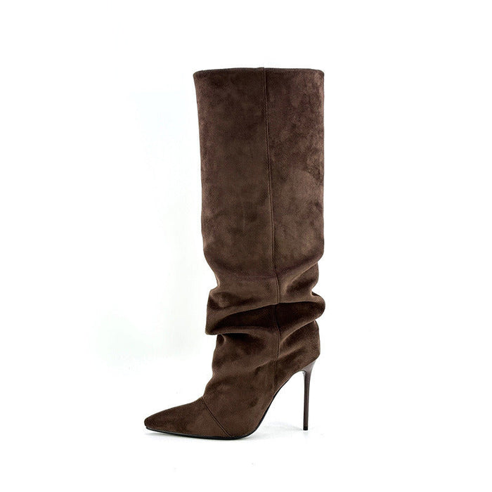 Brown suede knee-high boot on a white background
