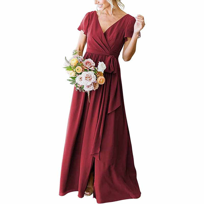 Women's Short Sleeve Bridesmaid Dresses Lace Up Chiffon Formal Dresses