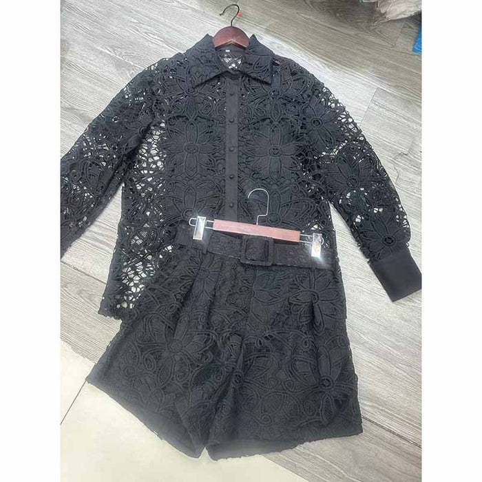 Women's Short Suit Hollow Cut Lace Two Pieces Set
