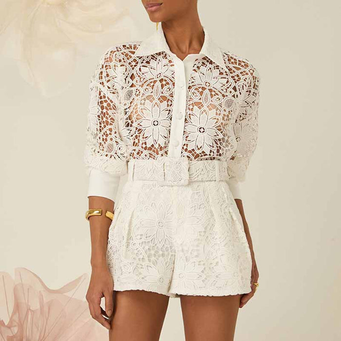 Women's Short Suit Hollow Cut Lace Two Pieces Set