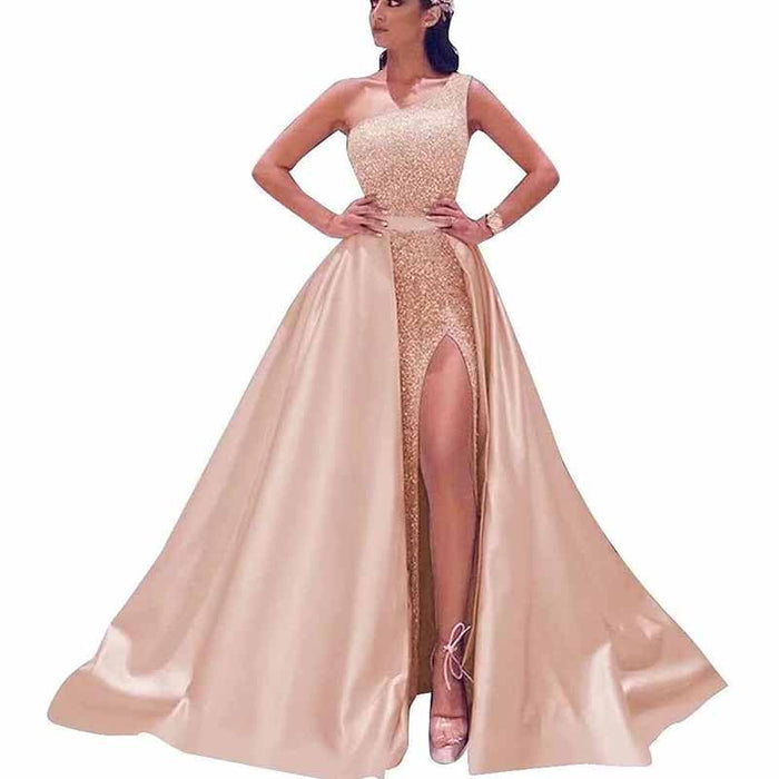 Women's Single Shoulder Prom Dresses Slit Satin Long Evening Formal Dress
