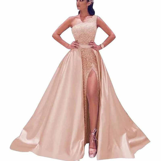 Women's Single Shoulder Prom Dresses Slit Satin Long Evening Formal Dress