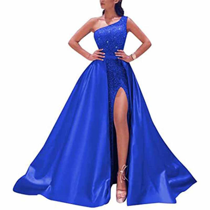 Women's Single Shoulder Prom Dresses Slit Satin Long Evening Formal Dress