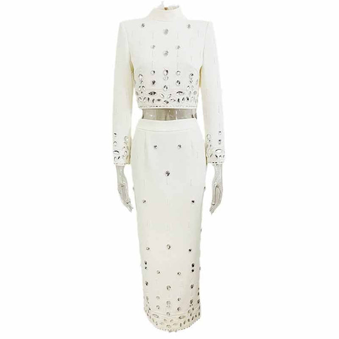 Women's Skirt Suit Fitted Beaded Long Sleeve Crop Top + Long Skirt Suit