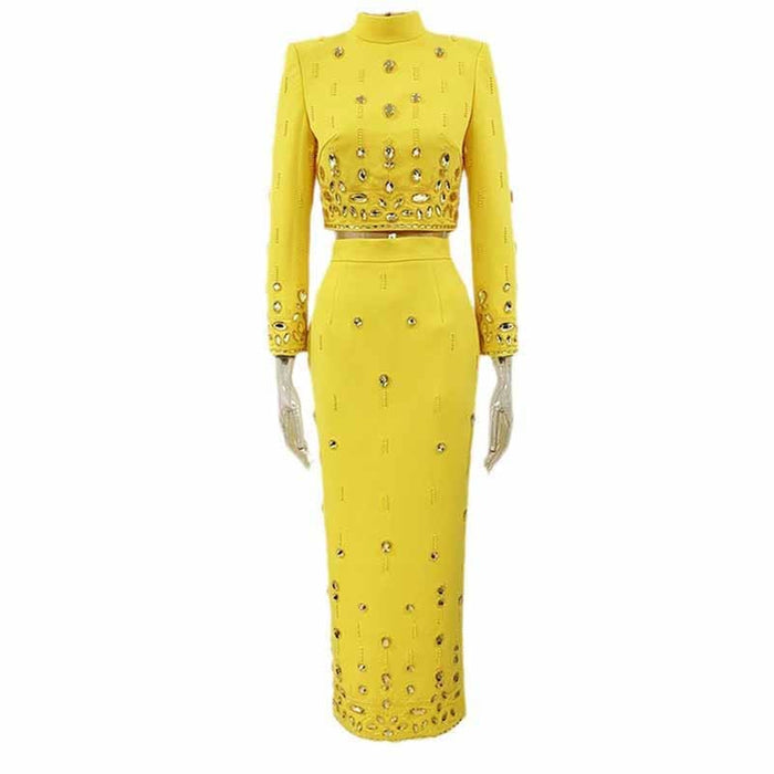 Women's Skirt Suit Fitted Beaded Long Sleeve Crop Top + Long Skirt Suit