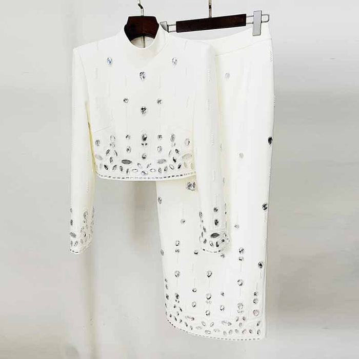 Women's Skirt Suit Fitted Beaded Long Sleeve Crop Top + Long Skirt Suit