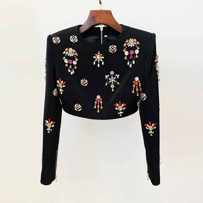 Women's Skirt Suit Fitted nail bead diamond Short Crop Jacket + Mini Skirt Suit