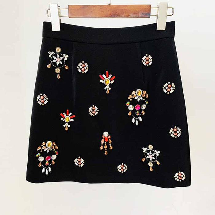 Women's Skirt Suit Fitted nail bead diamond Short Crop Jacket + Mini Skirt Suit