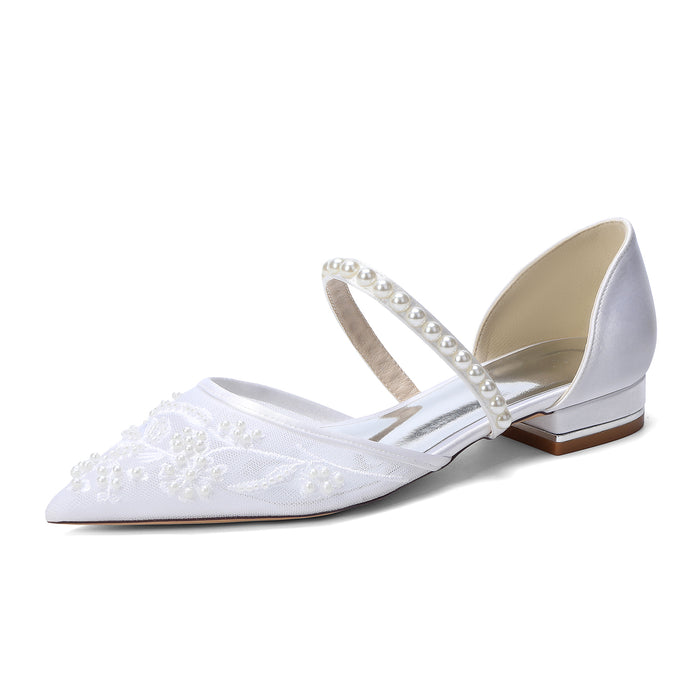 Women's Slip-On Lace Wedding Shoes Pointed Toe Flat Bridal Shoes