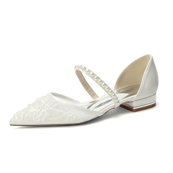 Women's Slip-On Lace Wedding Shoes Pointed Toe Flat Bridal Shoes