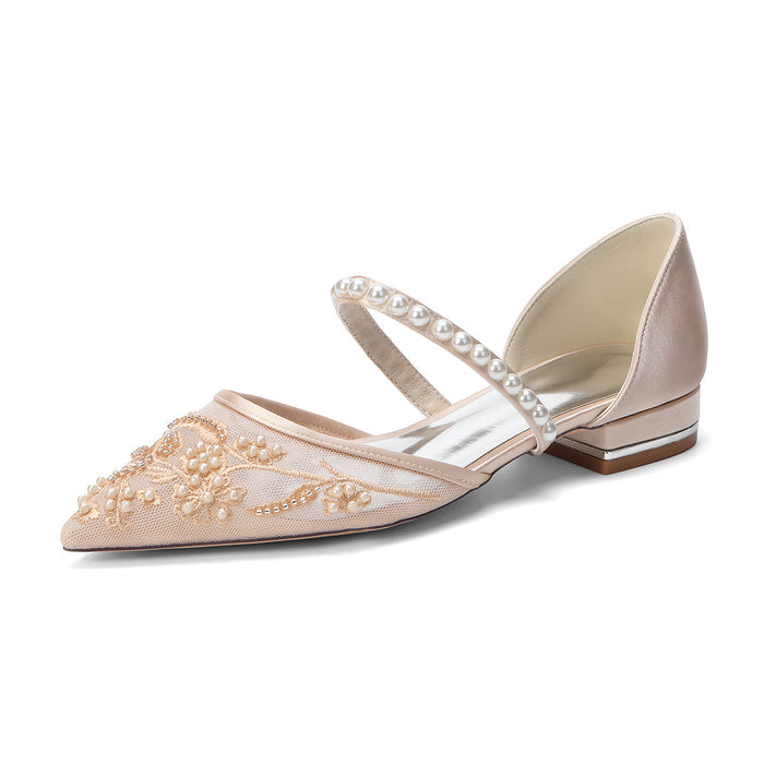 Women's Slip-On Lace Wedding Shoes Pointed Toe Flat Bridal Shoes