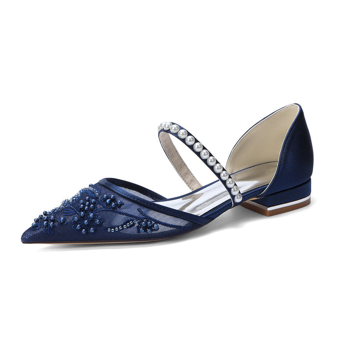Women's Slip-On Lace Wedding Shoes Pointed Toe Flat Bridal Shoes