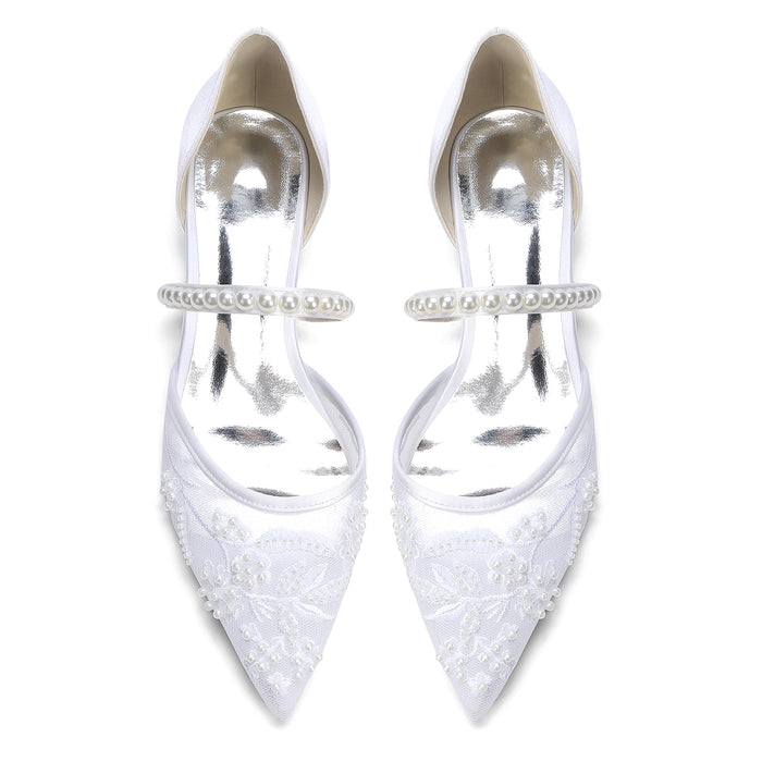 Women's Slip-On Lace Wedding Shoes Pointed Toe Flat Bridal Shoes