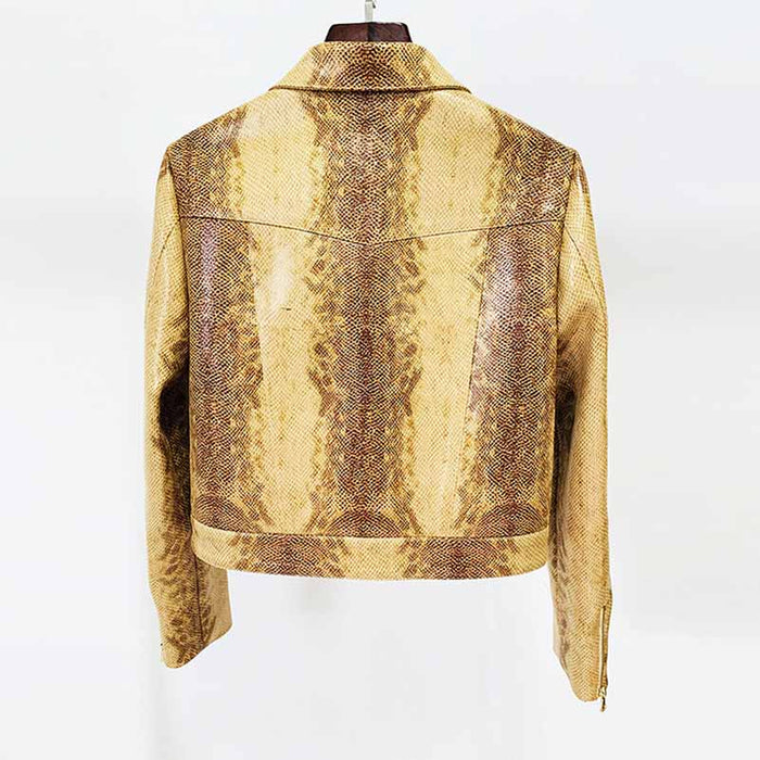Women's Snake Patterned Pantsuit Leather Jacket and Flare Bottoms Two Pieces Suit