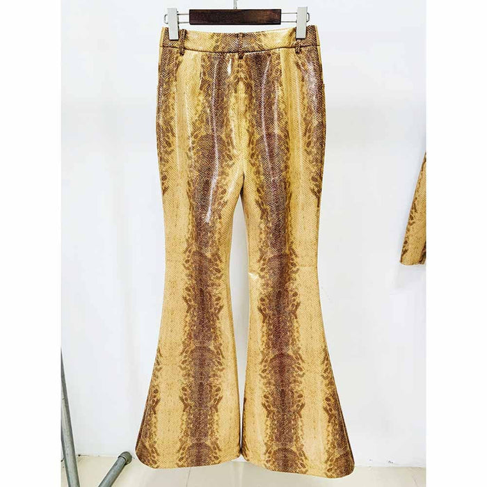 Women's Snake Patterned Pantsuit Leather Jacket and Flare Bottoms Two Pieces Suit