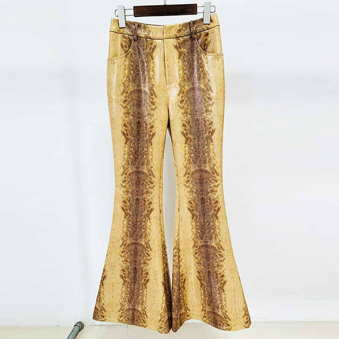 Women's Snake Patterned Pantsuit Leather Jacket and Flare Bottoms Two Pieces Suit
