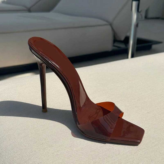 Women's Square Toe High Heel Mules in Brown