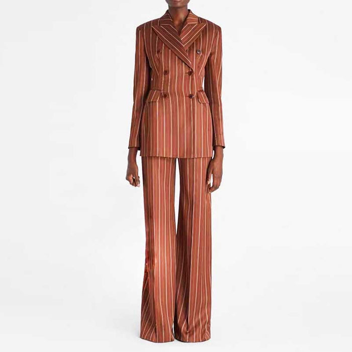Women's Stripe-Pattern Double-Breasted Blazer Suit Brown Pantsuit