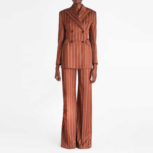 Women's Stripe-Pattern Double-Breasted Blazer Suit Brown Pantsuit