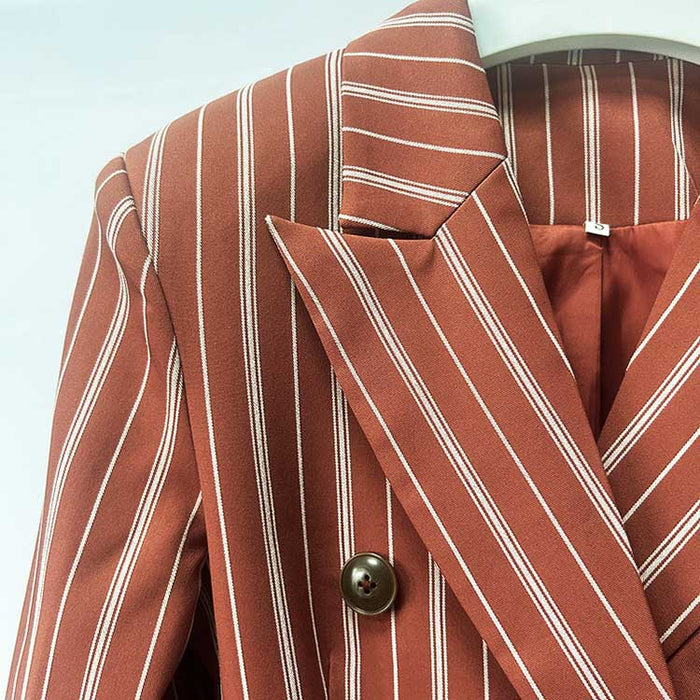 Women's Stripe-Pattern Double-Breasted Blazer Suit Brown Pantsuit