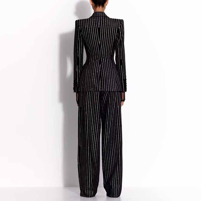 Women's Striped Blazer Set Single Button Diamond Suit Pants Set