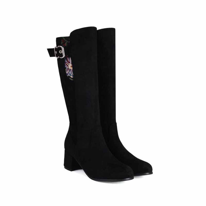 Women's suede chunky heeled knee high boots