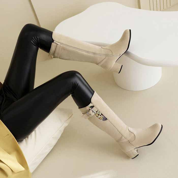 Women's suede chunky heeled knee high boots