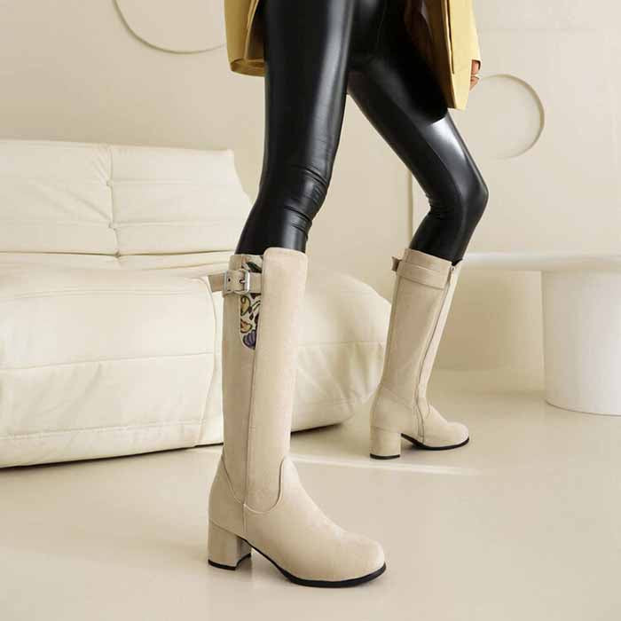 Women's suede chunky heeled knee high boots