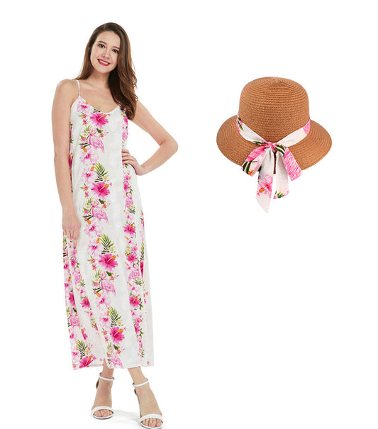 Women's Sweetheart Dress with Matching Hat in Pink Hibiscus Vine