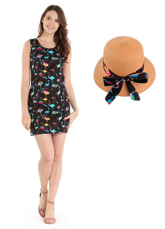 Women's Tank Fit Dress and Matching Band Hat Flamingo Party in Black