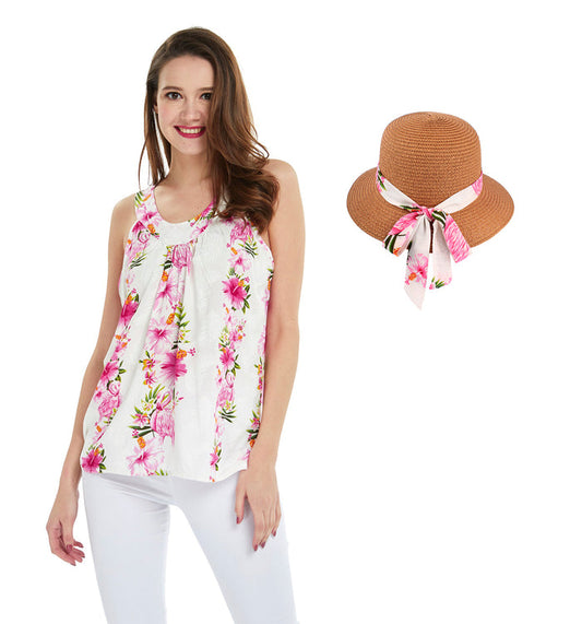 Women's Tank Top with Matching Hat in Pink Hibiscus Vine White