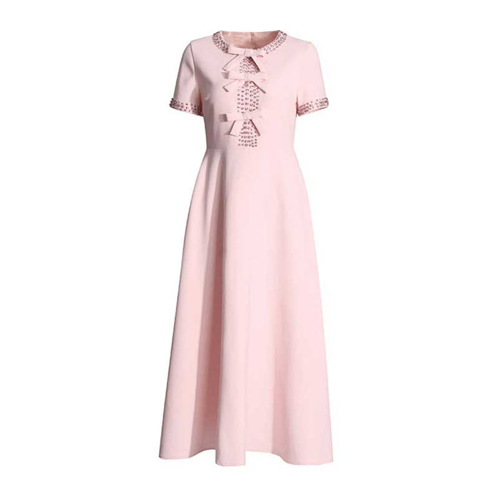 Women's Tea Length Cocktail Dress With Short Sleeves Pink Chic Dress With Bow Tie