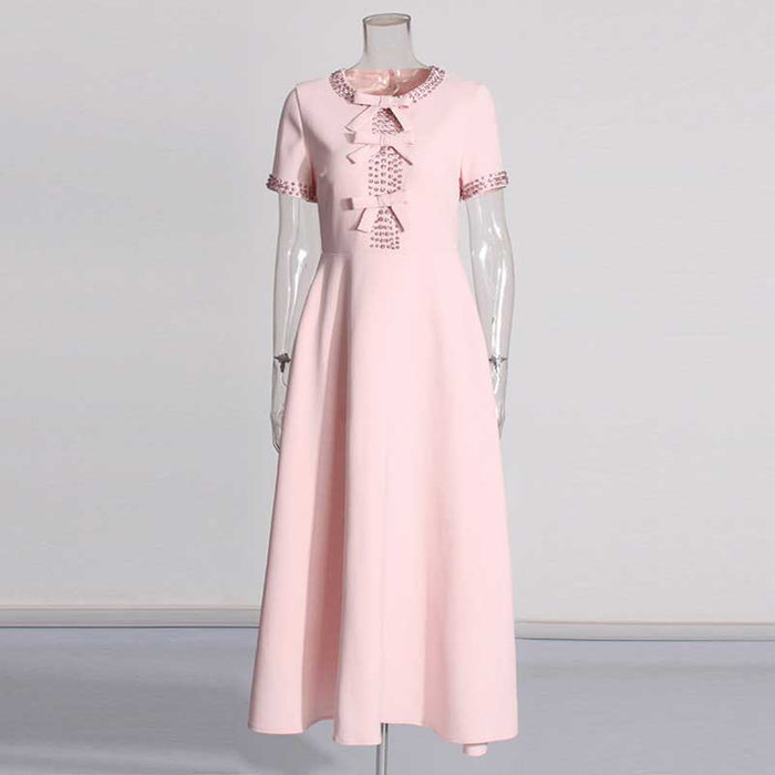 Women's Tea Length Cocktail Dress With Short Sleeves Pink Chic Dress With Bow Tie