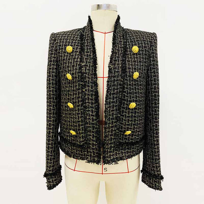 Women's tweed fringe cardigan jacket Gold Plaid jacket