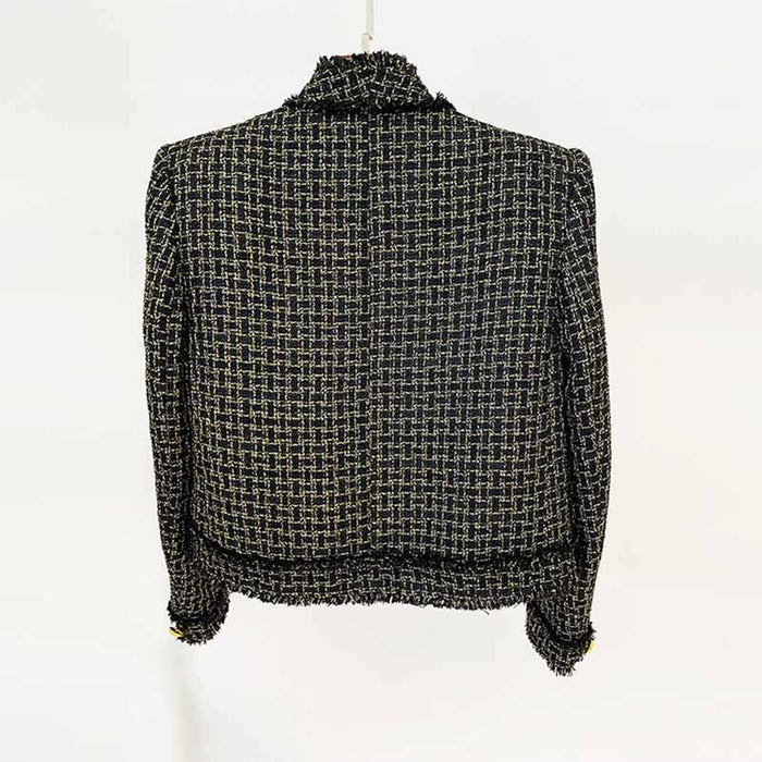 Women's tweed fringe cardigan jacket Gold Plaid jacket