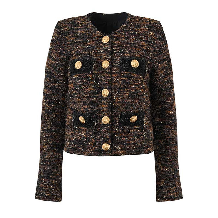 Women's Tweed Jacket Short Coat with Gold Buttons