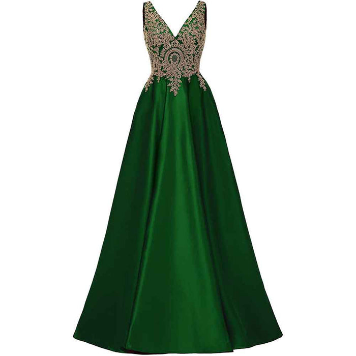 Women's V Neck Appliques Prom Dresses Long Satin Evening Dress Formal Party Gown