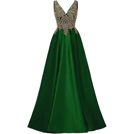 Women's V Neck Appliques Prom Dresses Long Satin Evening Dress Formal Party Gown