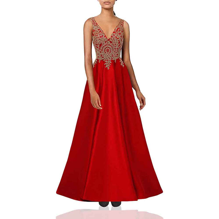 Women's V Neck Appliques Prom Dresses Long Satin Evening Dress Formal Party Gown