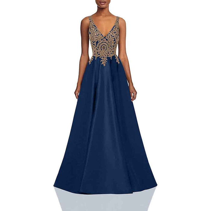 Women's V Neck Appliques Prom Dresses Long Satin Evening Dress Formal Party Gown