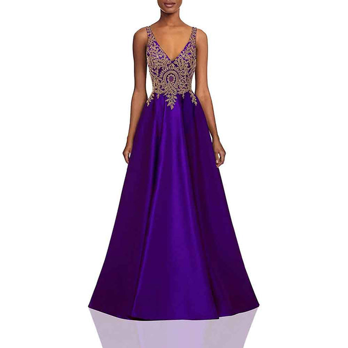 Women's V Neck Appliques Prom Dresses Long Satin Evening Dress Formal Party Gown