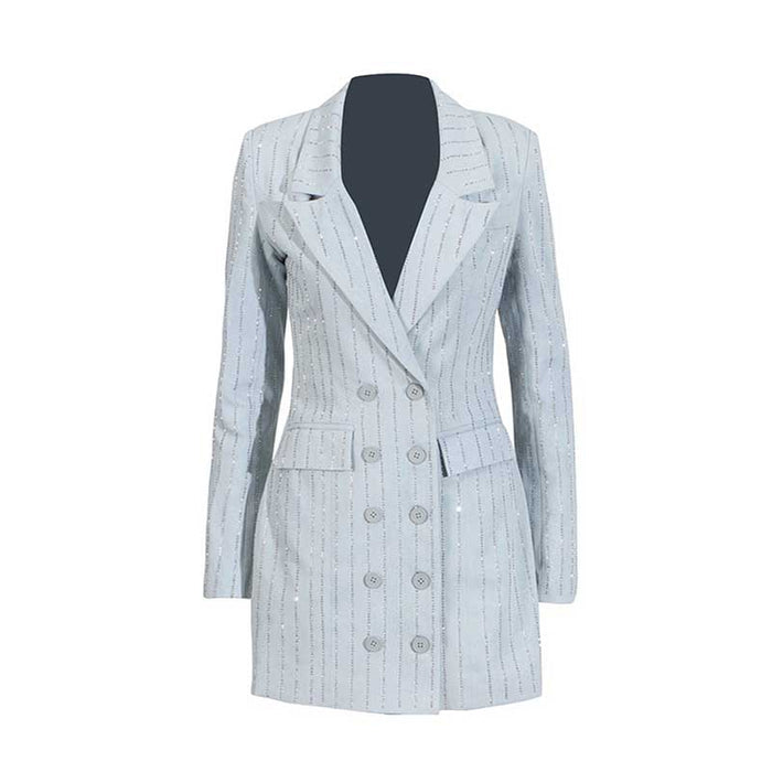 Women's V Neck Sequined Blazer Double Breasted Button Jacket In Light Blue