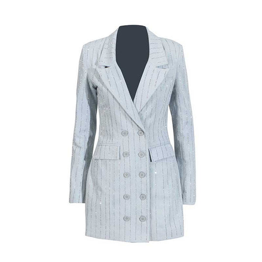 Women's V Neck Sequined Blazer Double Breasted Button Jacket In Light Blue