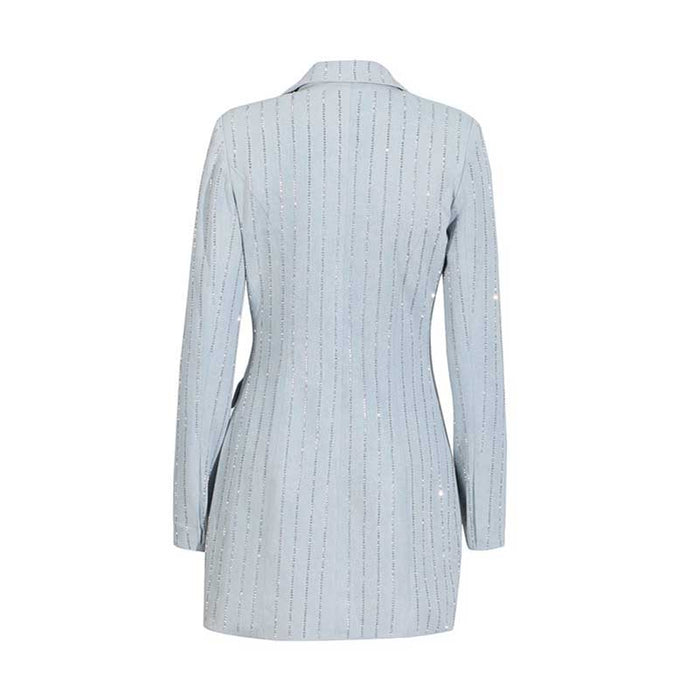 Women's V Neck Sequined Blazer Double Breasted Button Jacket In Light Blue