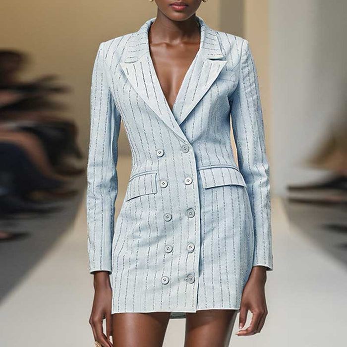 Women's V Neck Sequined Blazer Double Breasted Button Jacket In Light Blue